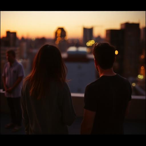 Two people on a rooftop at dusk with a stranger behind them