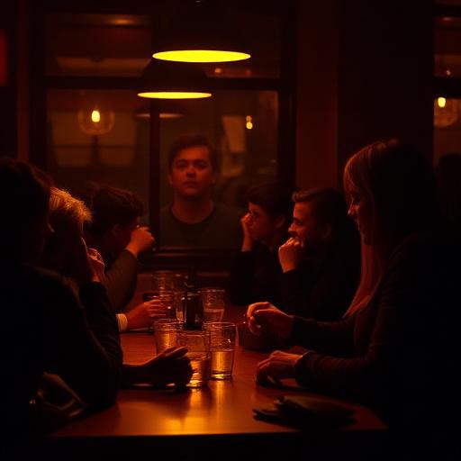 A crowded dim bar table with a face visible in the background